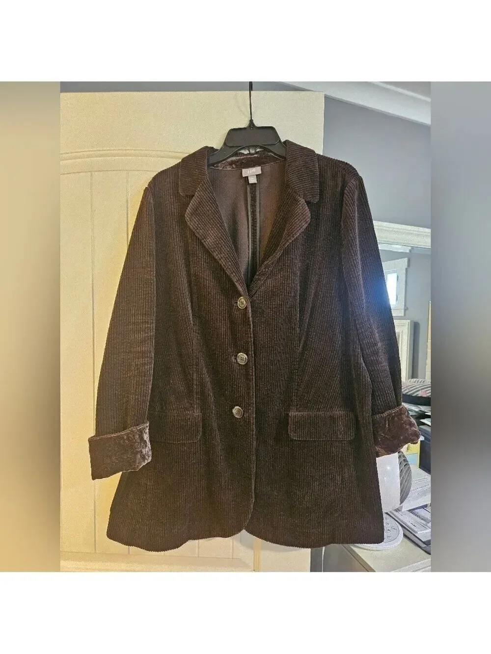 J. Jill Rich Purple Corduroy Blazer Jacket Velvet Trim Cuffs Button Front Size L
